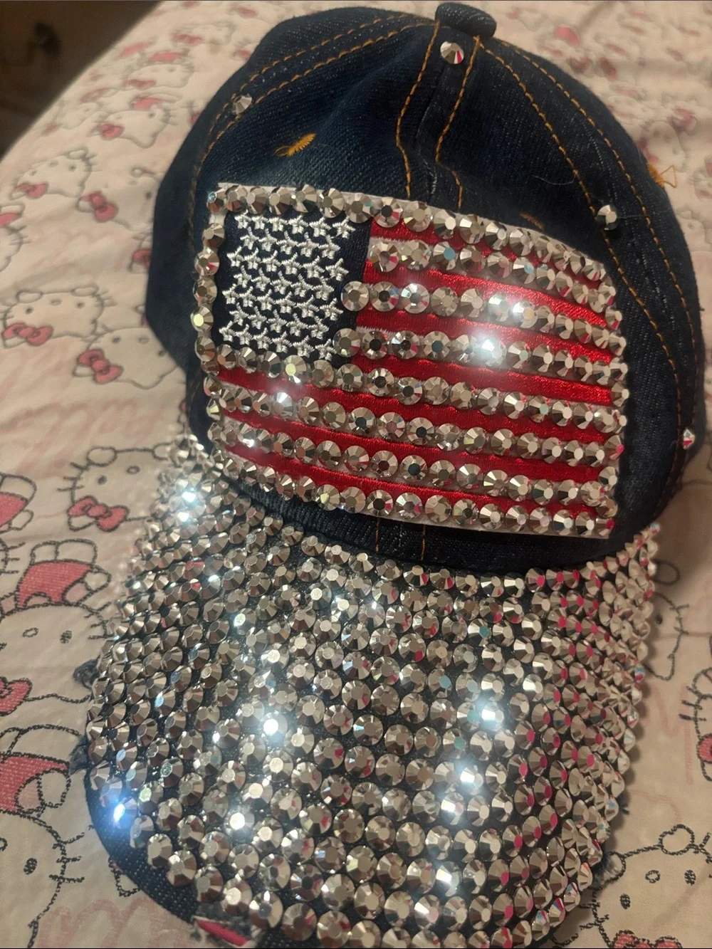 Embellished Denim Cap with Rhinestone American Flag - Picture 3 of 4
